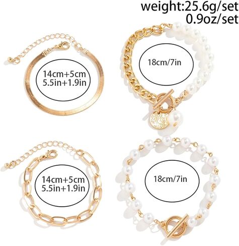 4Pcs Gold Tennis Link Bracelets Set for Women,14K Gold Plated Pearl Bracelets for Women,Dainty Layered CZ Paperclip Snake Cuban Link Chain Bracelets for Women in Kuwait