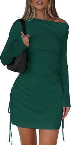 PRETTYGARDEN Women's 2025 Fall Off The Shoulder Dresses Casual Long Sleeve Ruched Side Slit Cocktail Party Bodycon Mini Dress in Saudi Arabia