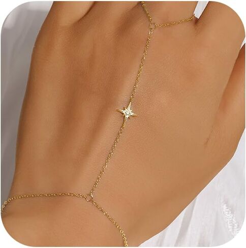 Diamond Gold Bracelet Rings Hand Chain for Women, 925 Sterling Silver White CZ Heart Finger 14k Gold Plated Dainty Trendy Layered Stackable Link Chain Ring Bracelet Body Summer Jewelry Christmas Wedding Gift in Saudi Arabia