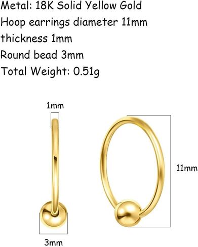 FANCIME 18K Rose Yellow Solid Gold Hoop Earrings Minimalist 3mm Bead Endless Extra Small Mini Sleeper Hoop Earrings Fine Jewelry Gifts for Women,11mm Diameter in Saudi Arabia