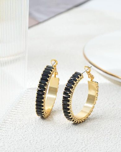 Lourny Gold Crystal Hoop Earrings for Women Trendy, 18K Gold Plated Chunky Big Cubic Zirconia Earrings Hypoallergenic Thick Earrings in Kuwait