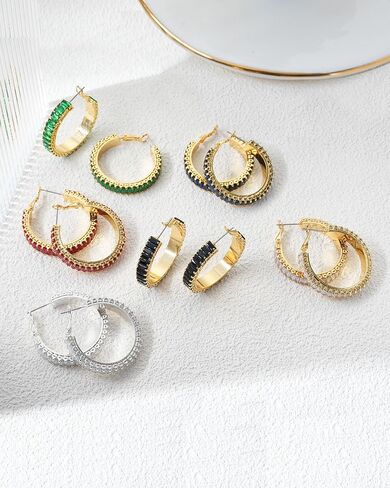 Lourny Gold Crystal Hoop Earrings for Women Trendy, 18K Gold Plated Chunky Big Cubic Zirconia Earrings Hypoallergenic Thick Earrings in Kuwait