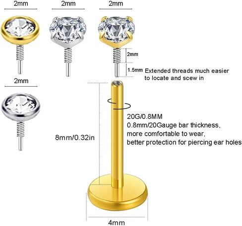 Gnoliew 18G 316L Stainless Steel Labret Monroe Lip Ring Studs Cartilage Helix Tragus Conch Daith Nose Piercing Jewelry(8mm 18G 16Pcs) in Kuwait