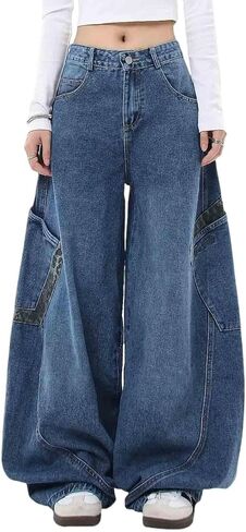 Women's Retro Niche Vintage Jeans, Loose and Slimming Leopard Print Patchwork Curved Pants Wide Leg Jeans Woman in Saudi Arabia