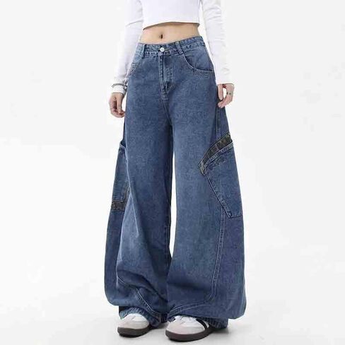 Women's Retro Niche Vintage Jeans, Loose and Slimming Leopard Print Patchwork Curved Pants Wide Leg Jeans Woman in Saudi Arabia