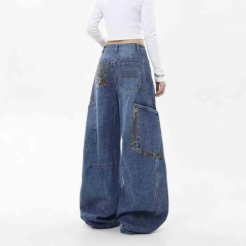 Women's Retro Niche Vintage Jeans, Loose and Slimming Leopard Print Patchwork Curved Pants Wide Leg Jeans Woman in Saudi Arabia