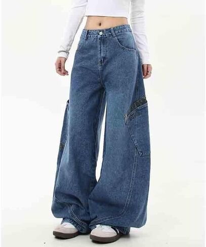 Women's Retro Niche Vintage Jeans, Loose and Slimming Leopard Print Patchwork Curved Pants Wide Leg Jeans Woman in Saudi Arabia