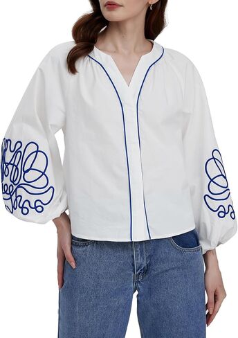 Kedera Women's Casual Floral Embroidered V Neck Blouses Boho Long Balloon Sleeve Mexican Shirts Loose Summer Fall Tops 2025 in Saudi Arabia
