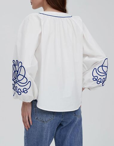 Kedera Women's Casual Floral Embroidered V Neck Blouses Boho Long Balloon Sleeve Mexican Shirts Loose Summer Fall Tops 2025 in Saudi Arabia