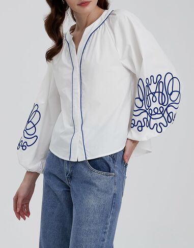 Kedera Women's Casual Floral Embroidered V Neck Blouses Boho Long Balloon Sleeve Mexican Shirts Loose Summer Fall Tops 2025 in Saudi Arabia
