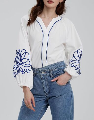 Kedera Women's Casual Floral Embroidered V Neck Blouses Boho Long Balloon Sleeve Mexican Shirts Loose Summer Fall Tops 2025 in Saudi Arabia