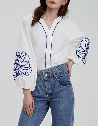 Kedera Women's Casual Floral Embroidered V Neck Blouses Boho Long Balloon Sleeve Mexican Shirts Loose Summer Fall Tops 2025 in Saudi Arabia