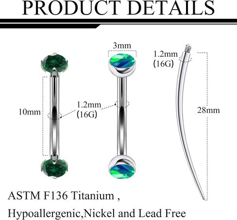 Ruifan 16g Rook Percing Jewelry Titanium titanium داخليًا أوبال تشيك ستايلز منحني الحاجب الحاجب Tragus Helix Conch Lobr Mabret Rings Body Percing Jewellry للنساء 6 مم 8 ملم 10 ملم in Saudi Arabia