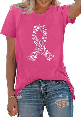 Breast Cancer Shirts for Women Pink Ribbon Breast Cancer Support Tshirts Cancer Awareness Tee Tops in Saudi Arabia