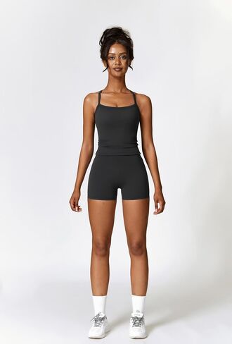 Women 2 Piece Workout Sets Padded Criss Cross Back Crop Tank High Waist Tummy Control Shorts Yoga Outfits in Saudi Arabia