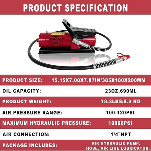 HEROSON Air Hydraulic Pump 10,000 PSI, 0.7L Reservoir, NPT 3/8" Oil Outlet, NPT 1/4" Inlet, Hydraulic Pump Air Hydraulic Foot Pump, with Air Line Lubricator, Black in Saudi Arabia