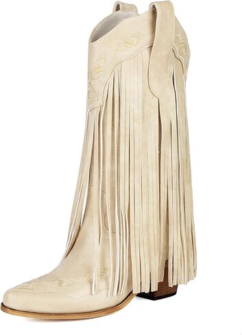 Embroidered Fringe Cowboy Boots for Women, Pull On Mid Calf Chunky Block Heel Pointed Toe Western Cowgirl Boots Riding Country Boot Retro Boots in Kuwait