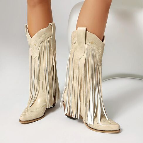 Embroidered Fringe Cowboy Boots for Women, Pull On Mid Calf Chunky Block Heel Pointed Toe Western Cowgirl Boots Riding Country Boot Retro Boots in Kuwait