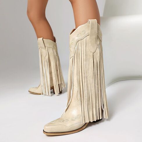 Embroidered Fringe Cowboy Boots for Women, Pull On Mid Calf Chunky Block Heel Pointed Toe Western Cowgirl Boots Riding Country Boot Retro Boots in Kuwait