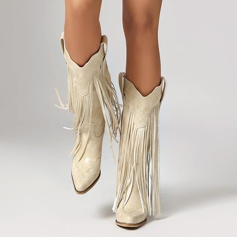 Embroidered Fringe Cowboy Boots for Women, Pull On Mid Calf Chunky Block Heel Pointed Toe Western Cowgirl Boots Riding Country Boot Retro Boots in Kuwait