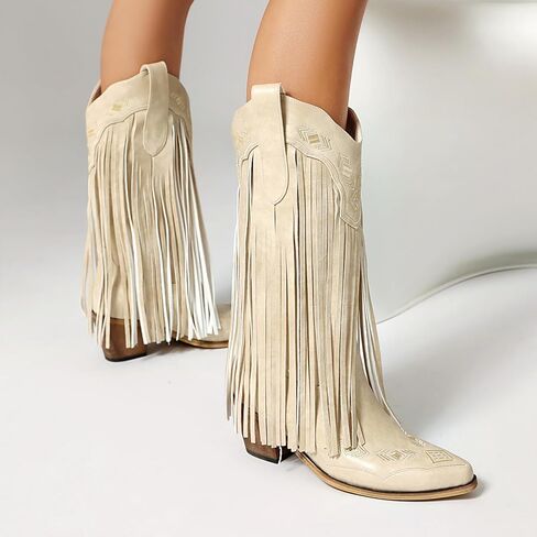 Embroidered Fringe Cowboy Boots for Women, Pull On Mid Calf Chunky Block Heel Pointed Toe Western Cowgirl Boots Riding Country Boot Retro Boots in Kuwait