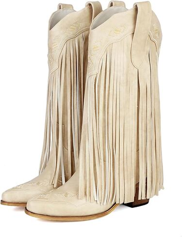 Embroidered Fringe Cowboy Boots for Women, Pull On Mid Calf Chunky Block Heel Pointed Toe Western Cowgirl Boots Riding Country Boot Retro Boots in Kuwait