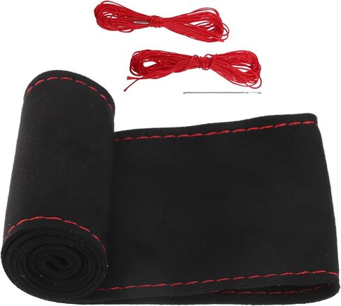 Car Hand Sewn DIY Steering Wheel Cover Breathable Comfortable 38cm Stitch on Wrap Cover Suede Black Stitches Red in Saudi Arabia