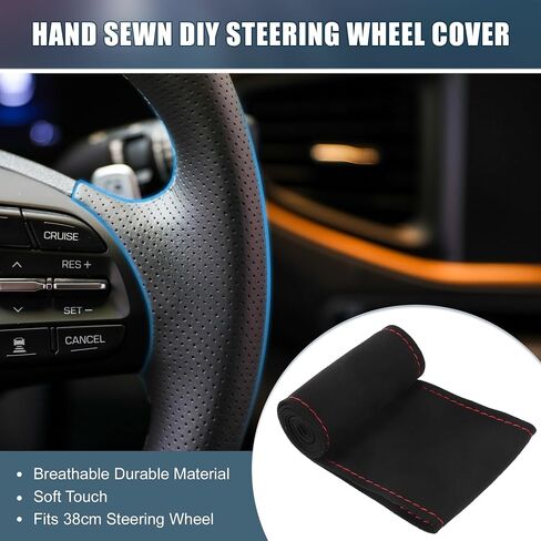 Car Hand Sewn DIY Steering Wheel Cover Breathable Comfortable 38cm Stitch on Wrap Cover Suede Black Stitches Red in Saudi Arabia