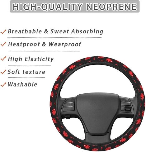 Red Black Ladybug Pattern Steering Wheel Covers Anti-Slip Elasticity Car Accessories Steering Wheel Protector Universal 15 Inch for Cars SUV Vehicle Truck in Saudi Arabia