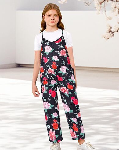 Girls Casual Sleeveless Jumpsuits Spaghetti Strap Summer Loose Romper Long Pants with Pockets for 7-8 Years Purple Coconut Tree in Kuwait