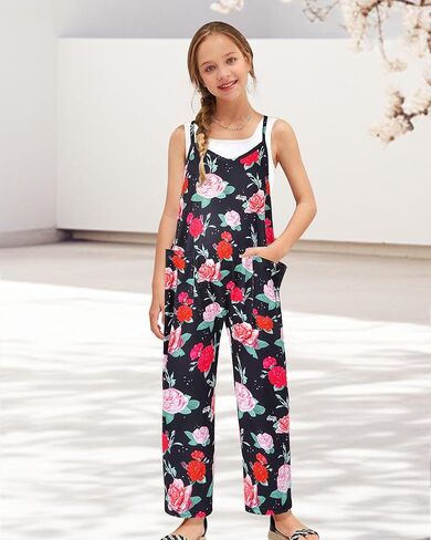 Girls Casual Sleeveless Jumpsuits Spaghetti Strap Summer Loose Romper Long Pants with Pockets for 7-8 Years Purple Coconut Tree in Kuwait