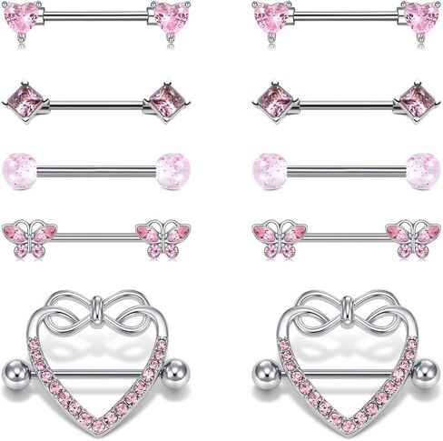 AceFun 6 Pairs 14G Nipple Rings Stainless Steel Heart Butterfly Bow Opal Flower CZ Stud Barbell Set Cute Nipplerings Shields Piercing Jewelry for Women Pink Blue Red Tone Body Jewelry in Kuwait