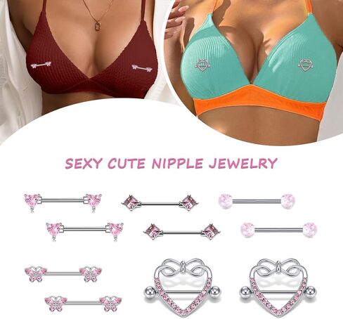 AceFun 6 Pairs 14G Nipple Rings Stainless Steel Heart Butterfly Bow Opal Flower CZ Stud Barbell Set Cute Nipplerings Shields Piercing Jewelry for Women Pink Blue Red Tone Body Jewelry in Kuwait