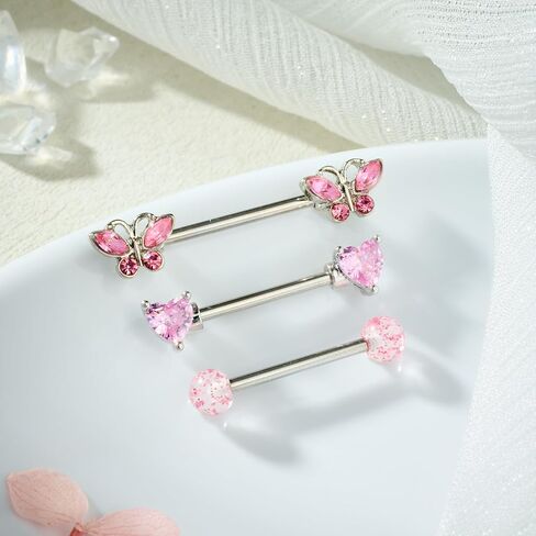 AceFun 6 Pairs 14G Nipple Rings Stainless Steel Heart Butterfly Bow Opal Flower CZ Stud Barbell Set Cute Nipplerings Shields Piercing Jewelry for Women Pink Blue Red Tone Body Jewelry in Kuwait