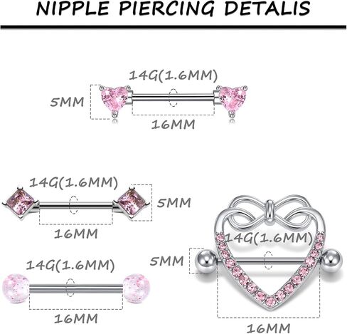 AceFun 6 Pairs 14G Nipple Rings Stainless Steel Heart Butterfly Bow Opal Flower CZ Stud Barbell Set Cute Nipplerings Shields Piercing Jewelry for Women Pink Blue Red Tone Body Jewelry in Kuwait