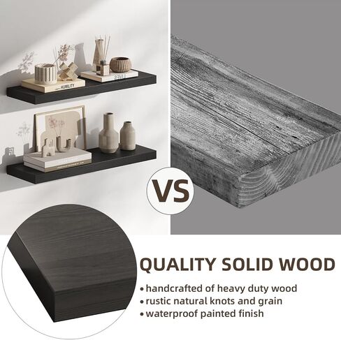 Solid Wood Floating Shelves for Wall–Rustic Mounted Shelves for Living Room,Bedroom, Kitchen–Farmhouse Wall Shelf Set of 2 for Storage,Books,Room Decor (Black, 16.5in) in Saudi Arabia
