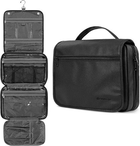 PAVILIA Hanging Toiletry Bag Women Men, Foldable Cosmetic Organizer Travel Bag, Water Resistant Makeup Bag Toiletries, Large Travel Essentials Kit (Black) in Saudi Arabia