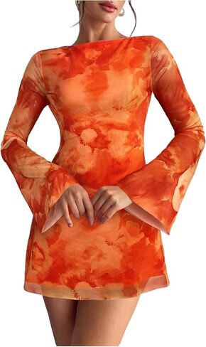 Milumia Women's Floral Bell Long Sleeve Mini Dress Boat Neck Mesh Short Dresses in Saudi Arabia