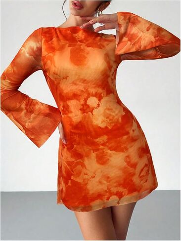 Milumia Women's Floral Bell Long Sleeve Mini Dress Boat Neck Mesh Short Dresses in Saudi Arabia