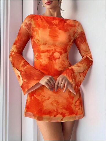 Milumia Women's Floral Bell Long Sleeve Mini Dress Boat Neck Mesh Short Dresses in Saudi Arabia