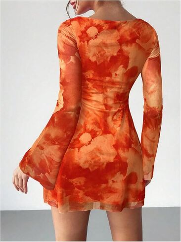 Milumia Women's Floral Bell Long Sleeve Mini Dress Boat Neck Mesh Short Dresses in Saudi Arabia