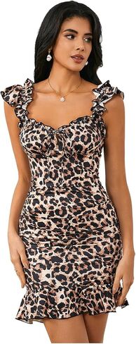 WDIRARA Women's Leopard Print Bodycon Mini Dress Sweetheart Neck Tie Front Ruffle Trim Ruched Dresses in Saudi Arabia