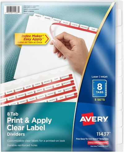 Avery 5 Tab Dividers for 3 Ring Binder, Easy Print & Apply Clear Label Strip, Index Maker Customizable White Tabs, 6-Pack of 25 Sets, 150 Sets Total (11446) in Saudi Arabia