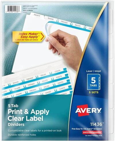 Avery 5 Tab Dividers for 3 Ring Binder, Easy Print & Apply Clear Label Strip, Index Maker Customizable White Tabs, 6-Pack of 25 Sets, 150 Sets Total (11446) in Saudi Arabia