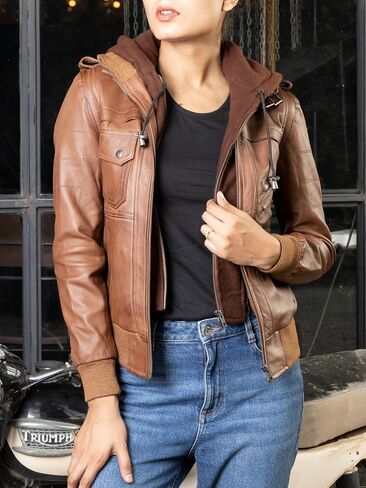 Jild Real Leather Gacket Women With Residable Leather Cood - Slim Fit Design Ladies Biker Ricercycle Scedcy in Kuwait