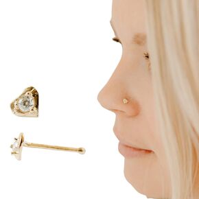 14k Solid Gold Heart Nose Stud with Faux Diamond | Tiny Heart Bone Pin | CZ Accent Nose Ring | Yellow Gold Piercing Jewelry | Made in the USA