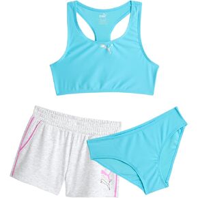 PUMA Girls' Swimsuit Set - Bathing Suit with Cover Up Basic Running Gym Shorts or Skort - Summer Swim Set for Girls (S-XL)