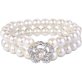 EVER FAITH Crystal Simulated Pearl Elegant Spindrift Floral 2 Rows Stretch Bracelet for Prom, Bridal