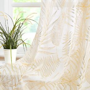 Linen Curtains Gold Leaf Patterned for Living Room, Tropical Farmhouse Semi Sheer Grommet Drapes Bedroom Light Filtering Window Curtain 54x63Inch, 2 Panels