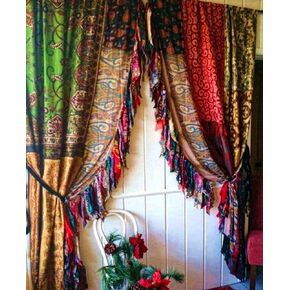 EthinicCraftHub® 2 Pcs of Indian Vintage Light-Filtering Sari Colorful Curtains- Multi Color Handmade Patchwork Curtains Drapes Home Decor Curtain